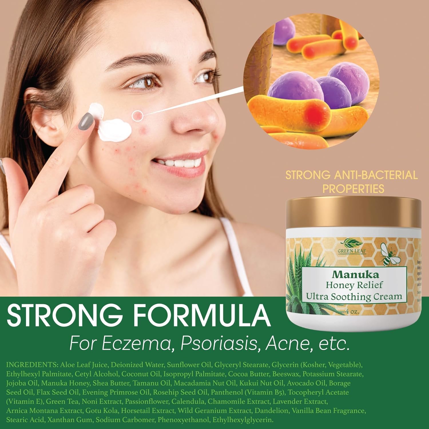 Green Leaf Naturals - Manuka Honey Face Cream - 4oz -Aloe Vera - Jojoba Oil Infused - Body Cream - Gluten Free Moisturizer for Kids & Adults - Nourishing Skin Care - Image 3