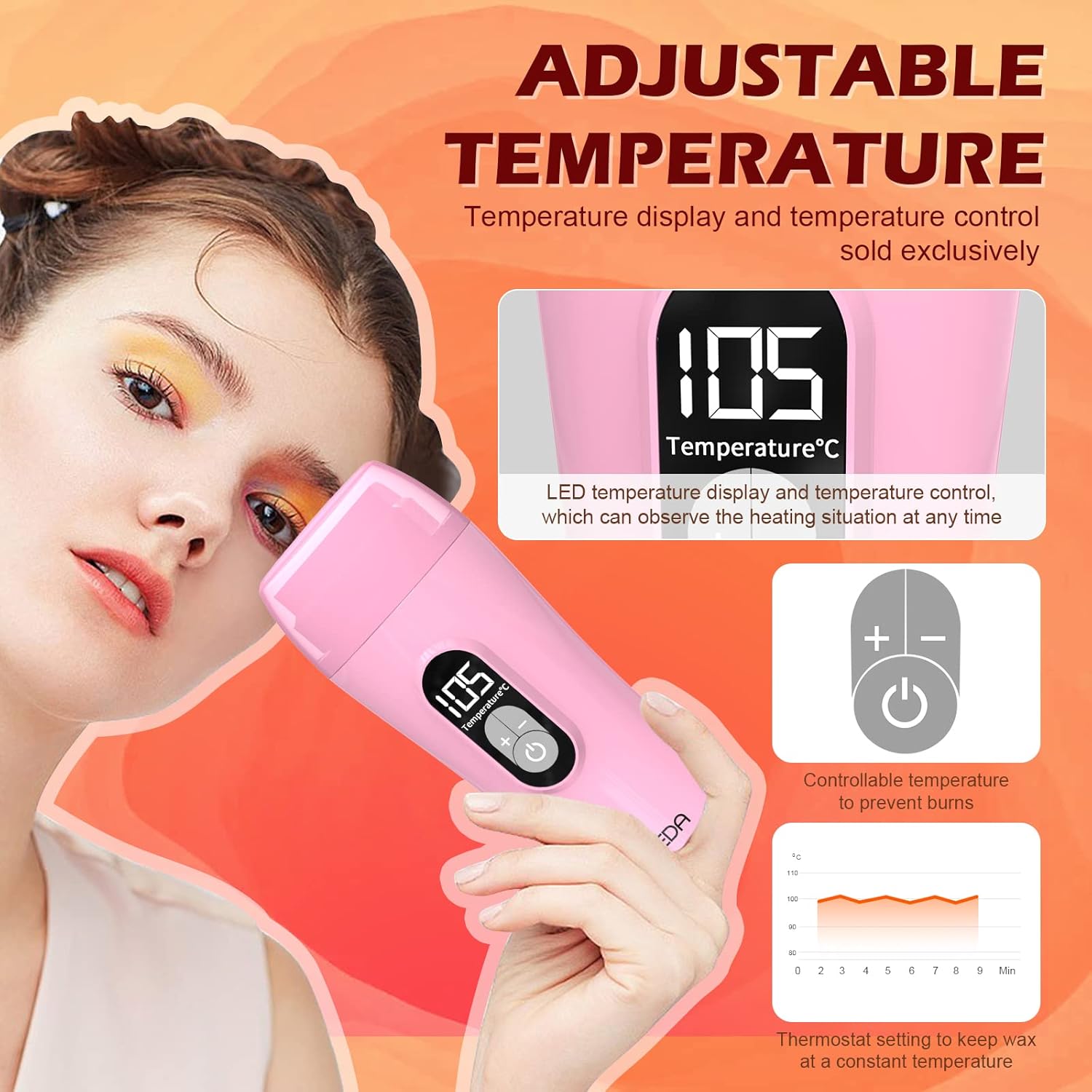 Digital Roll On Wax Kit,Honey Thermostatic Roller Waxing Kit for Sensitive Skin, Depilatory Soft Wax Warmer with 2 Cartridge Refill 10 Wax-removing wipes and 100pcs Wax Strips - Image 2