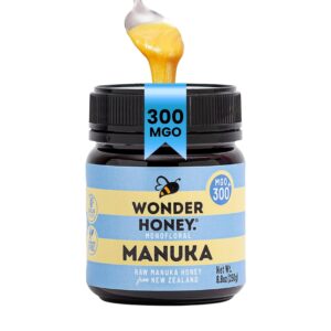 Wonder Honey Raw Manuka Honey New Zealand MGO300 (10+) Tested for 26 Markers, Traceable, Natural Soothing for Sore Throat, Cough - Aids Digestion - Triple Sealed for safety in a Protective Box (8.8oz)