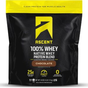 Ascent 100% Whey Protein Powder - Post Workout Whey Protein Isolate, Zero Artificial Flavors & Sweeteners, Soy & Gluten Free, 5.5g BCAA, 2.6g Leucine, Essential Amino Acids, Chocolate 4 lb