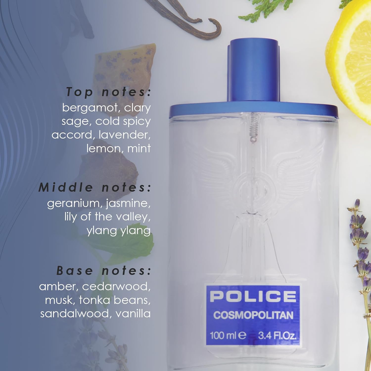 Cosmopolitan By Police - Fragrance For Men - Top Notes Of Mint And Sage - Middle Notes Of Jasmine And Nutmeg - Base Notes Of Vanilla And Sandalwood - Ideal For Socialite Occasions - 3.4 Oz EDT Spray - Image 2