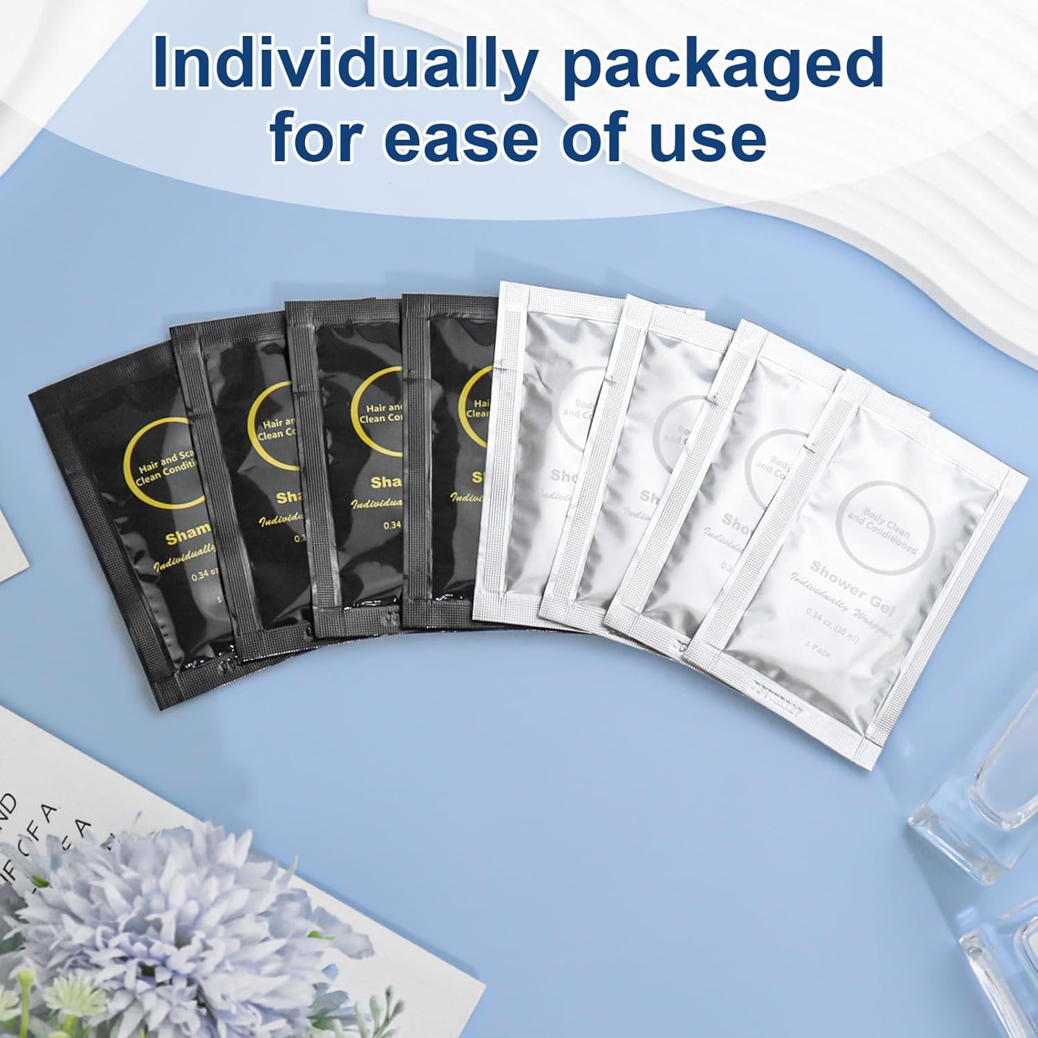 100 Pack 0.34 oz Travel Size Shampoo Body Wash Bulk Individually Wrapped Mini Shower Gel for Guests - Image 3