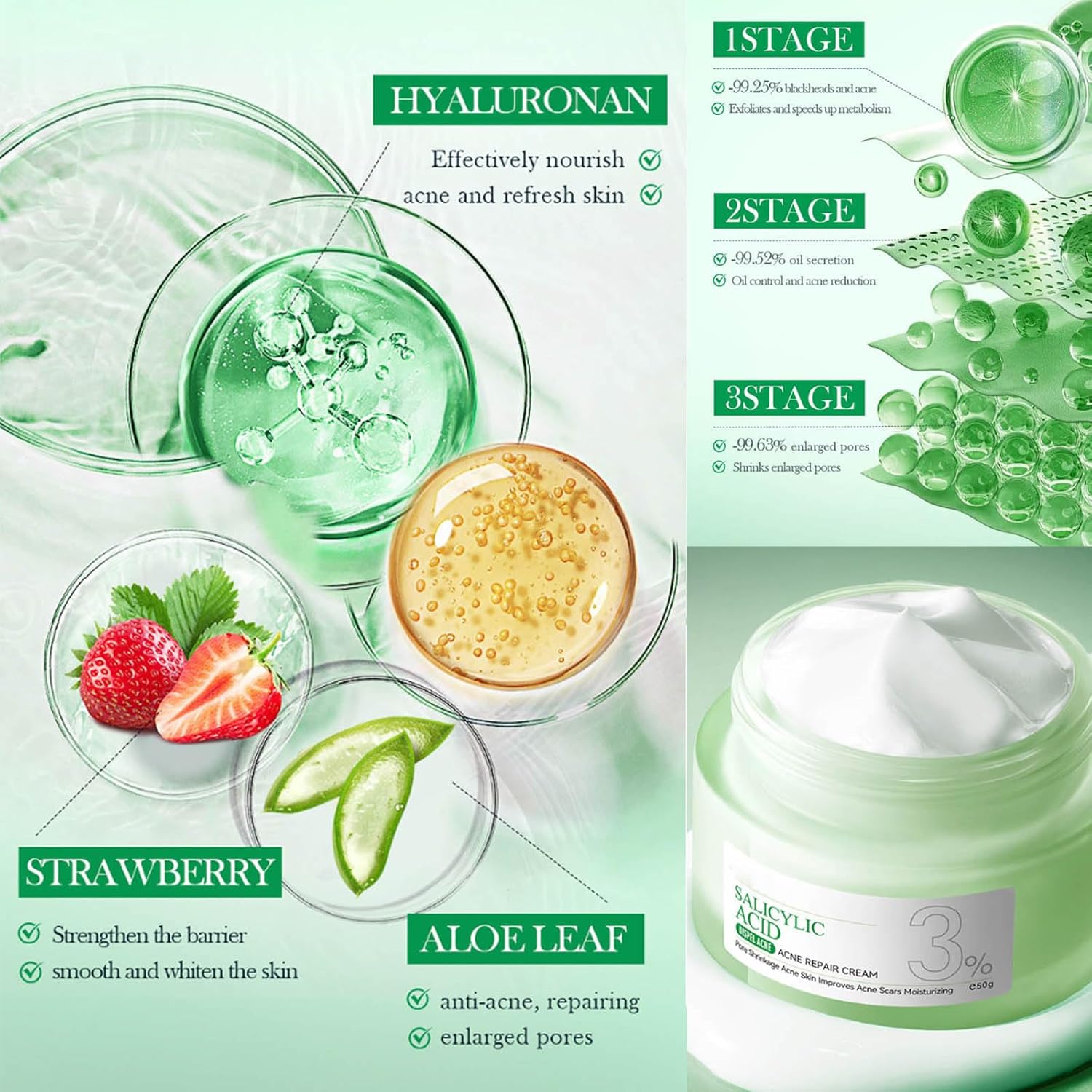 Salicylic Acid Repair Cream,Salicylic Acid Face Moisturizer,Pore Shrinkage Acne Skin Improves Acine Scars Motsturizing,Suitable for Oily, Acne Prone Skin 50g - Image 5