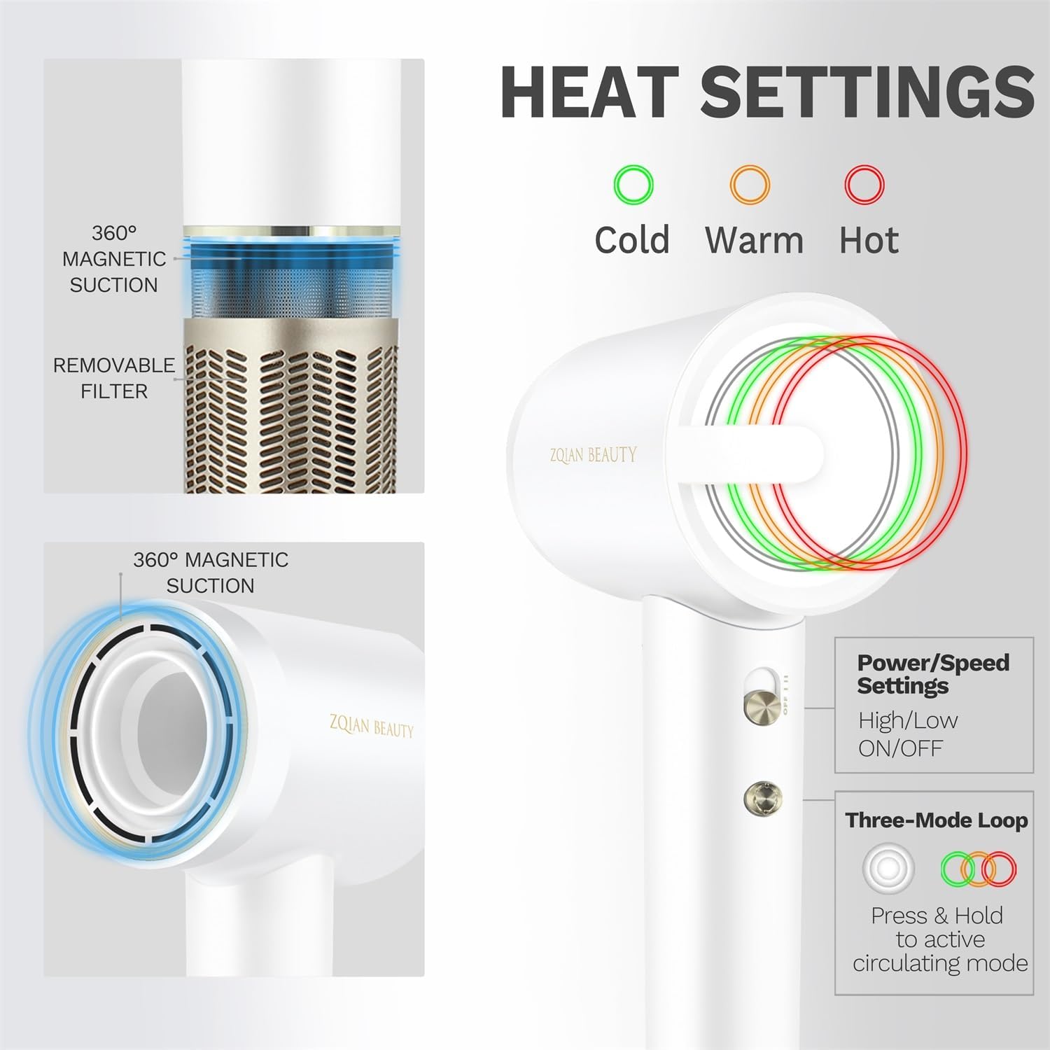Hair Dryer, 200 Million Negative Ionic Hair Dryer, High-Speed Blow Dryer with 110,000 RPM Brushless Motor, Fast Drying Low Noise Hairdryer with Magnetic Concentrator Nozzle (White) - Image 5