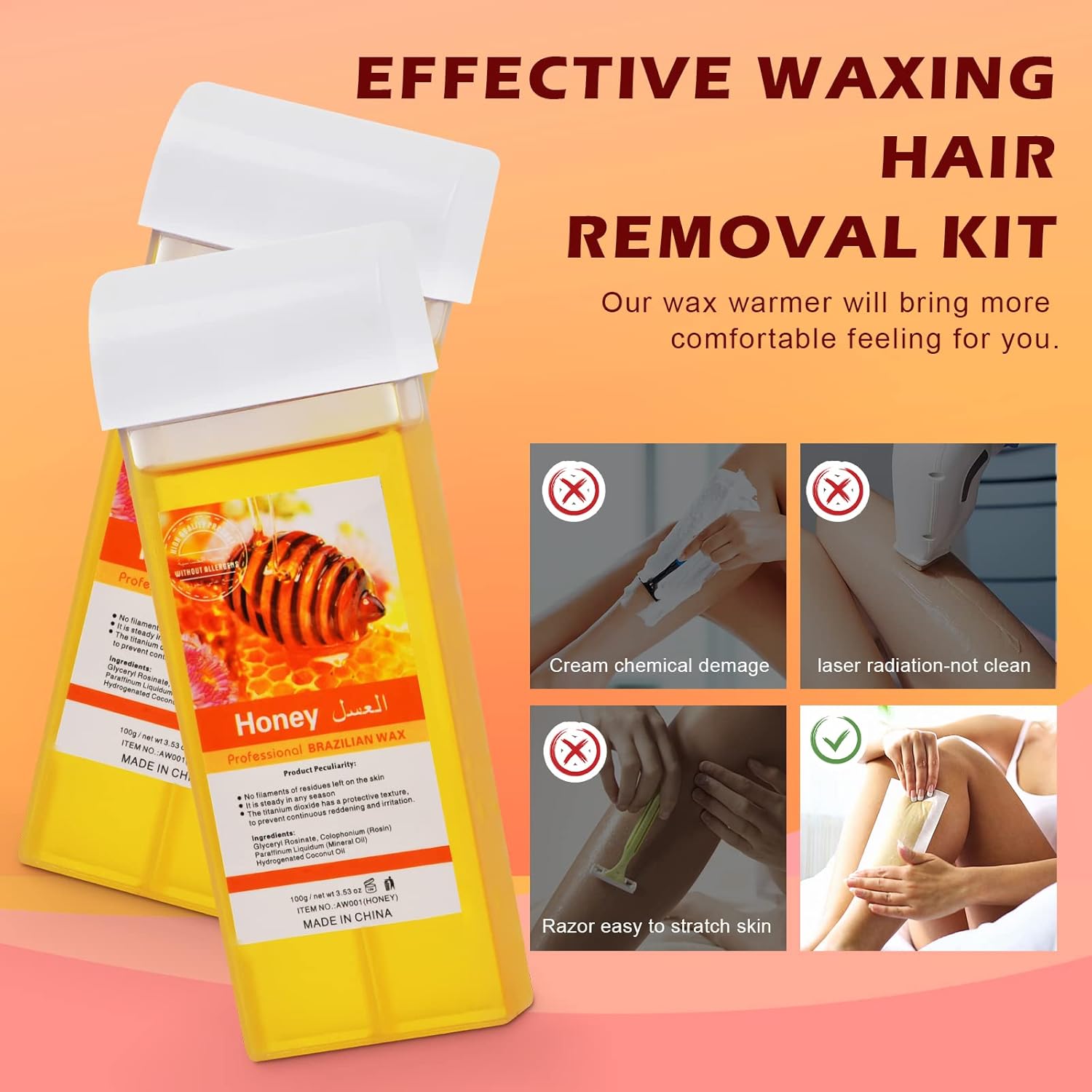 Digital Roll On Wax Kit,Honey Thermostatic Roller Waxing Kit for Sensitive Skin, Depilatory Soft Wax Warmer with 2 Cartridge Refill 10 Wax-removing wipes and 100pcs Wax Strips - Image 5