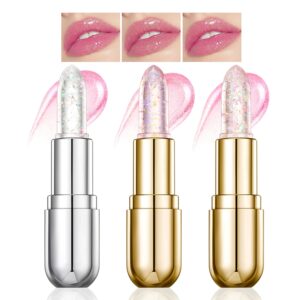 3PCS Glimmer Balm, pH Lip Balm, Color Changing Lipstick and Glitter Confetti Balm, Vegan & Cruelty Free Lip Balm, Hydrate & Plump, Pink Shimmer Lipstick, Rose