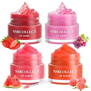 Lip Scrub & Lip Mask - Overnight Treatment Lip Care Kits with 2 Lip Exfoliator & 2 Sleeping Lip Balm, Intense Hydration Lip Set for Dry Chapped Cracked Lips, Exfoliate & Moisturize (4 Pack)