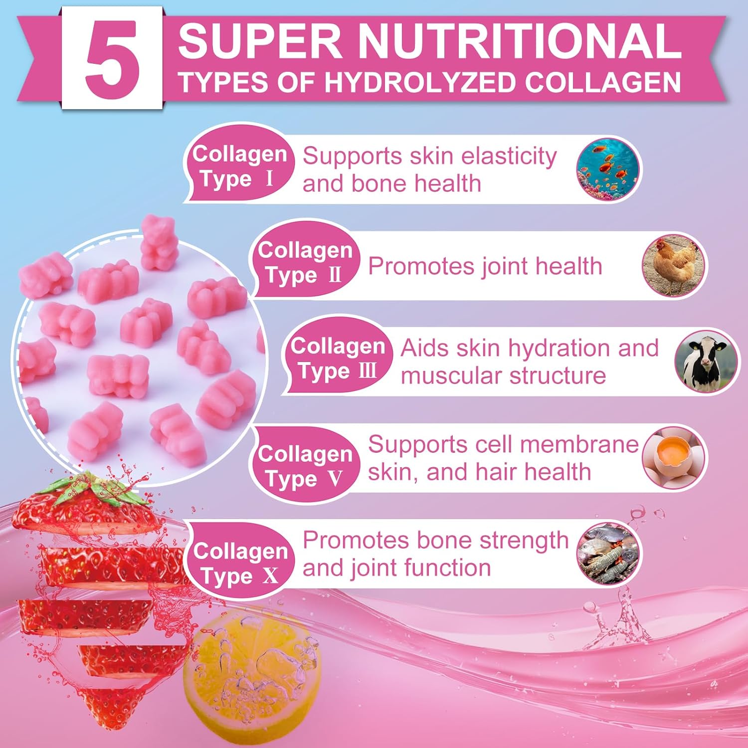 Multi Collagen Peptides Gummies, Type I, II, III, V, X - Hydrolyzed Collagen Peptides with Biotin, Hyaluronic Acid, Supports Healthy Skin, Strong Nails & Thick Hair, 60 Count, 1 Pack - Image 3