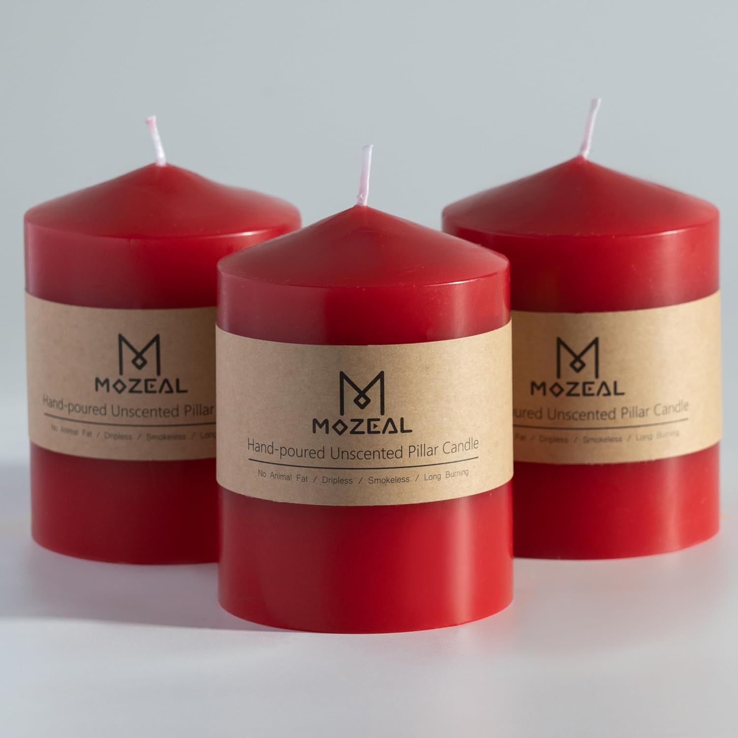 MOZEAL 3" x 4" Hand-Poured Unscented Red Pillar Candles,Dripless Candles Set of 3,Smokeless,Clean Burning,Approx 60 Hours Burn Time,Wedding,Dinner,Christmas and Home Decor๏ผ3 Inch Width Series๏ผ