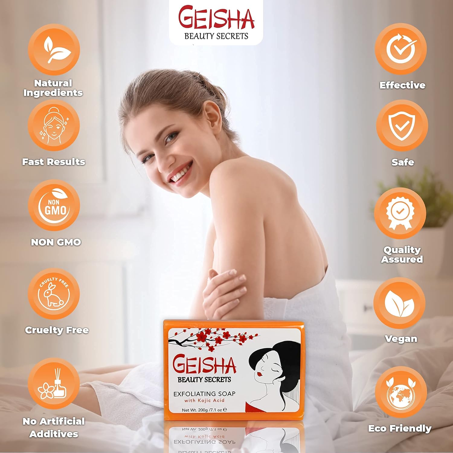 Geisha, Kojic Acid Soap - 7 oz / 200g - BIG SIZE Skin Brightening Bar, Helps to Reduce Pigmentation on: Face, Body, Hands, Knuckles, with Coconut Oil, - Image 5