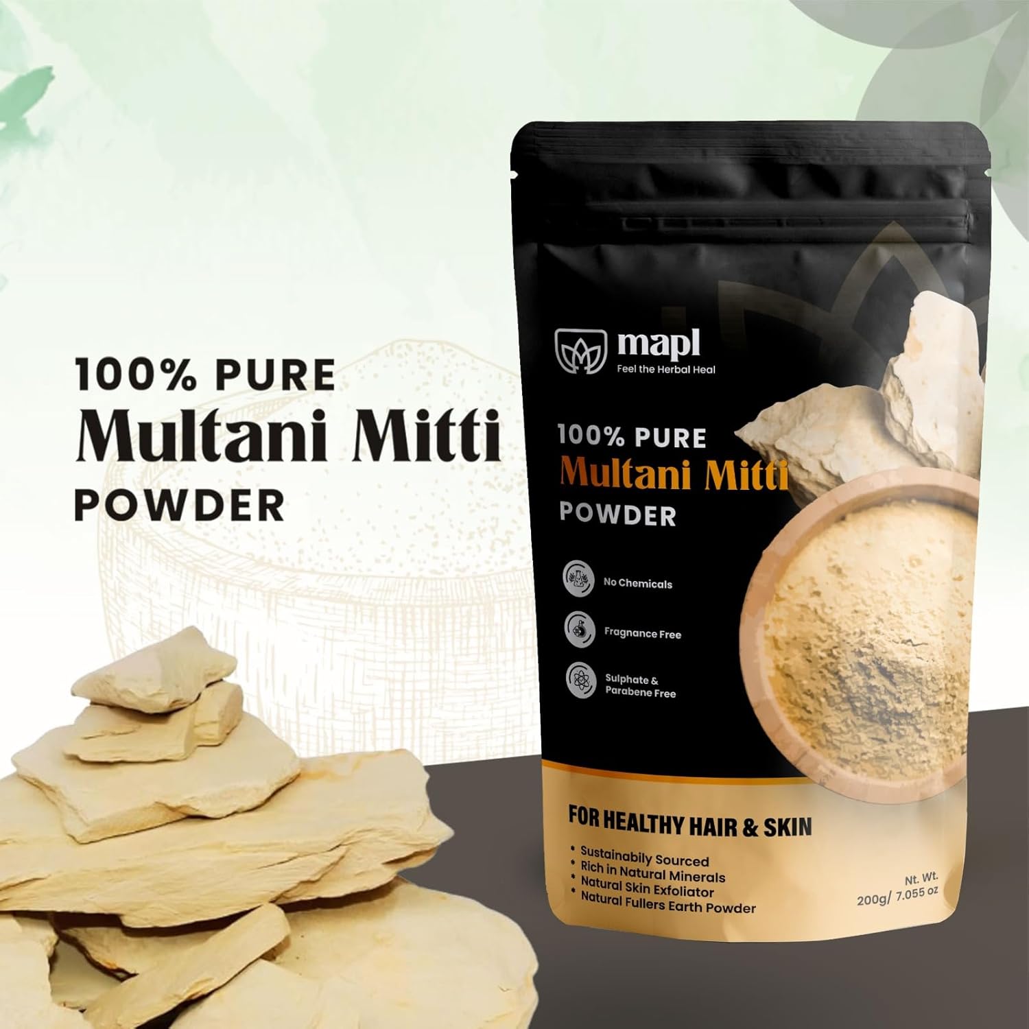 MAPL Multani Mitti Powder Fuller's Earth Clay | 100% Healing Clay for Skin Cleansing, Face Masks, Body Scrubs | Natural Calcium Bentonite Clay | Herbal Face Pack for All Skin Types | 7.05 oz (200g) - Image 4