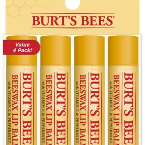 Burt's Bees Lip Balm Stocking Stuffers, Moisturizing Lip Care Holiday Gift, 100% Natural, Original Beeswax with Vitamin E & Peppermint Oil (4 Pack)