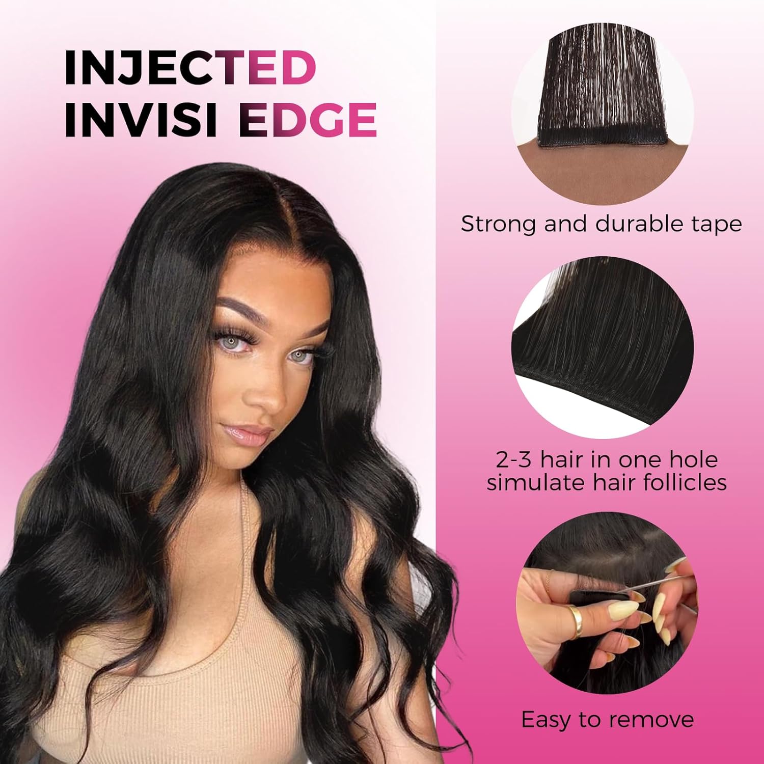 Lashey Invisi Edge Tape in Hair Extensions Human Hair, Natural Black 16 inch 50g Body Wave, 10pcs Injected with 10pcs Classic Tape ins, Real Virgin Human Hair Invisible Seamless Tape in Extensions - Image 4