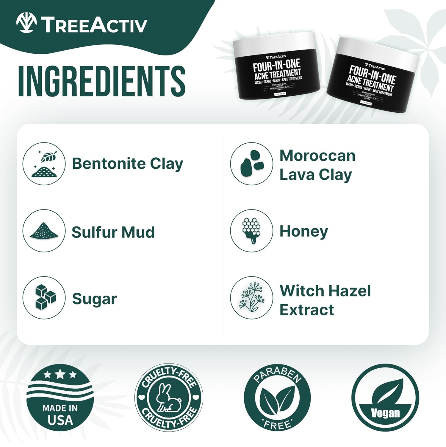 TreeActiv Four-in-One Acne Treatment | Wash, Scrub, Mask, and Spot Treatment | Heals Rosacea | Exfoliating Sugar | Face or Body | Natural Sulfur Clear Skin Cleanser | Bentonite (4 Ounce) - Image 5