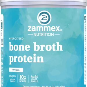 Zammex Bone Broth Protein Powder, Pure Grass Fed Beef, Vanilla Protein Powder,Hydrolyzed Collagen Supplement for Healthy Skin,Nails,Hair,Joints, Non-GMO,Gluten Free, Great in Shakes