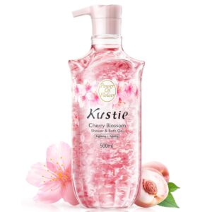 Kustie Cherry Blossom Brightening Body Wash, Natural Petals & Essential Oils - Antioxidant, 24H Fragrance & Deep Moisturizing Cleanse Shower Gel for Sensitive & Dry Skin with Pump Bottle, 16.9 Fl Oz