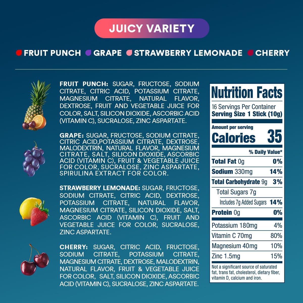 DripDrop Hydration Packets - Juicy Variety Pack - Single Serve Electrolytes Powder Drink Mix - Grape, Fruit Punch, Strawberry Lemonade, Cherry - Non-GMO, Gluten Free, Vegan - 16 Sticks - Image 6