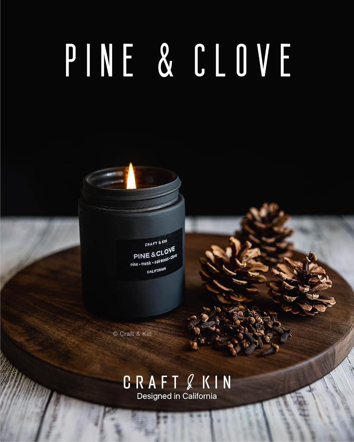 Craft & Kin Premium Pine & Clove Candle | Black Scented Candles | Fathers Day Gift for Dad | Long Lasting with 45 Hour Burn Time, 7.6oz | Made with Soy Wax | Aromatherapy at Home | Gifts for Men - Image 2