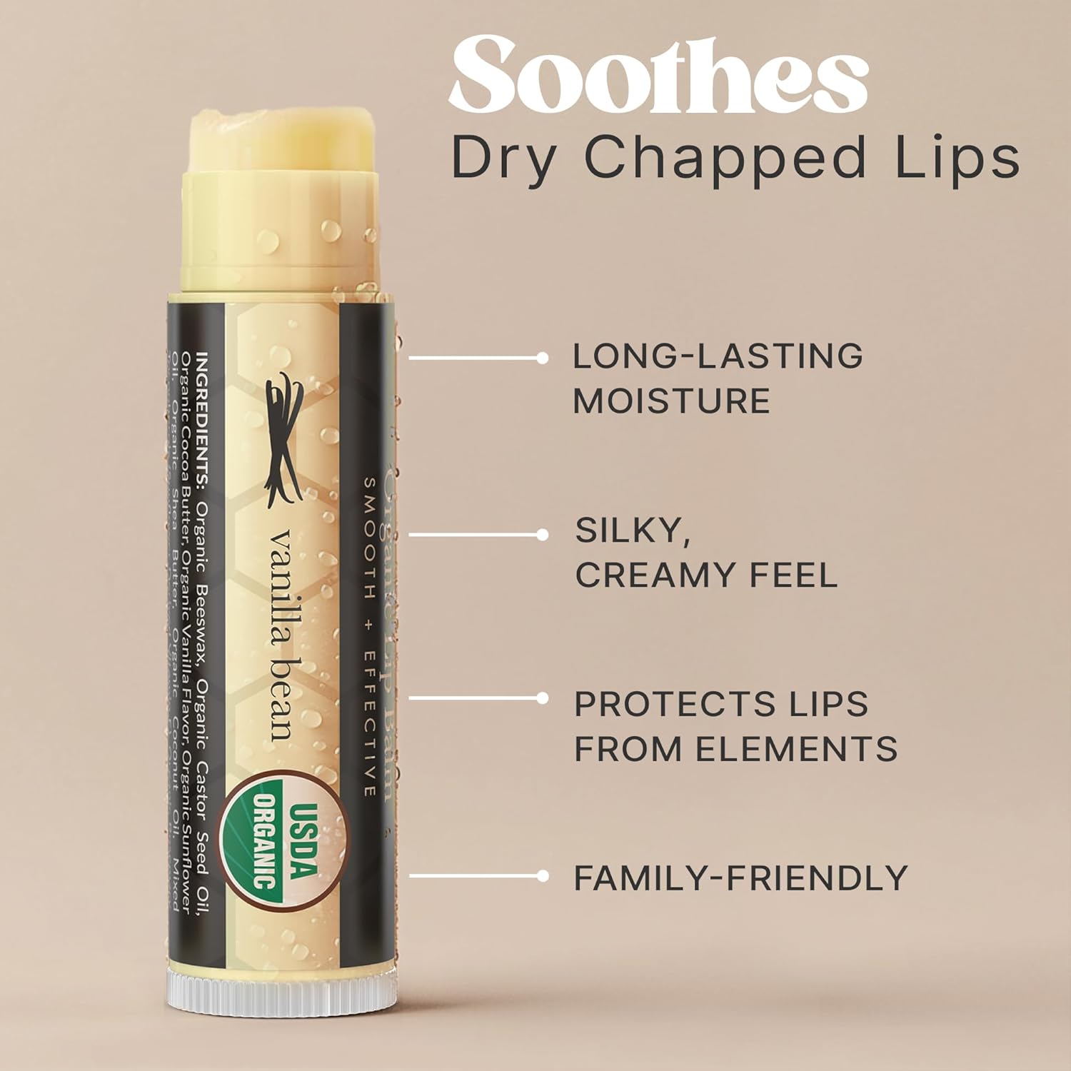 USDA Organic Lip Balm - USA Made with Natural Ingredients, Beeswax Vanilla Chapstick for Dry Lips, Gifts for Women, Birthday Gifts for Her & Him, Hydrating Lip Balm Beauty Gifts, Natural Chapstick - Image 3