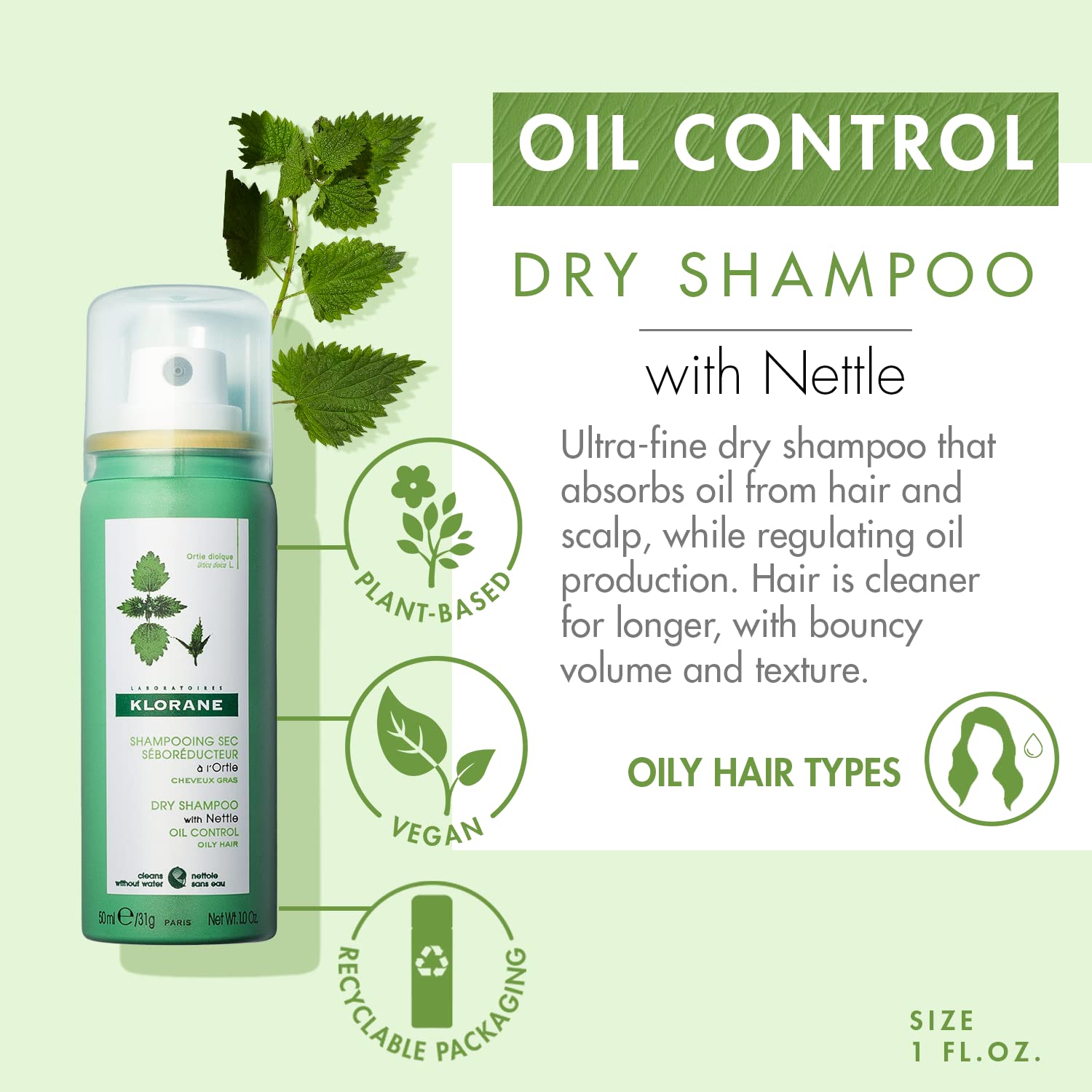 Klorane Dry Shampoo with Nettle for Oily Hair and Scalp, Regulates Oil Production, Paraben & Sulfate-Free, Travel Size, 1 oz. - Image 2