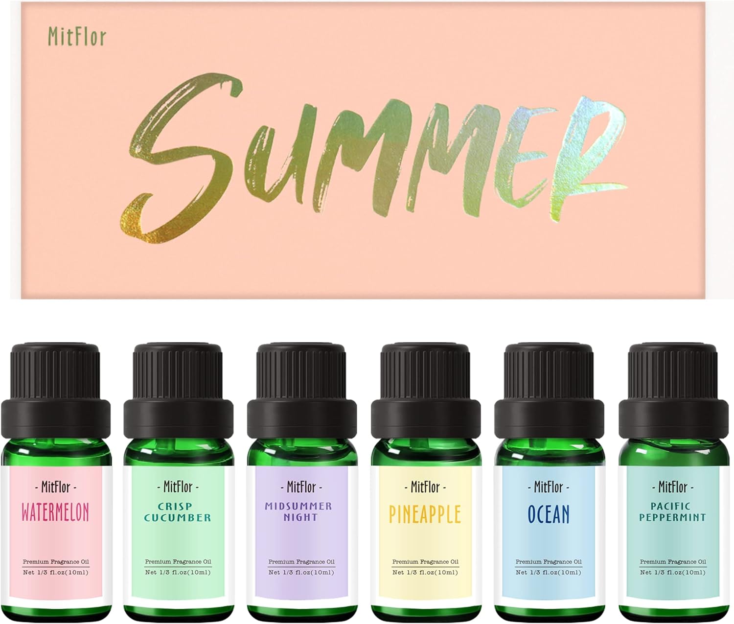 Summer Essential Oils for Diffusers for Home, MitFlor Fragrance Oil Set, Soap & Candle Making Scents, 6x10ml with Ocean, Midsummer Night, Pineapple and More, Aromatherapy Perfume Oil Gift Set