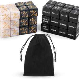 48pcs Abilities Keywords Counter Dice, Acrylic Creature Stats Buff Tokens Dice Set Magic Counters with Velvet Bag for MTG TCG Card Gaming Accessories for The Gathering Party Table Games Bars