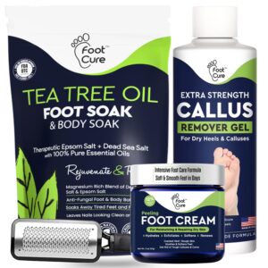 FOOT CURE Exfoliator & Callus Remover Pedicure Set – Care Kit Includes File for Dead Skin, Tea Tree Oil Soak Salts, Urea Cream 40 Percent Removal Gel Made in USA, Ivory, 4 Piece