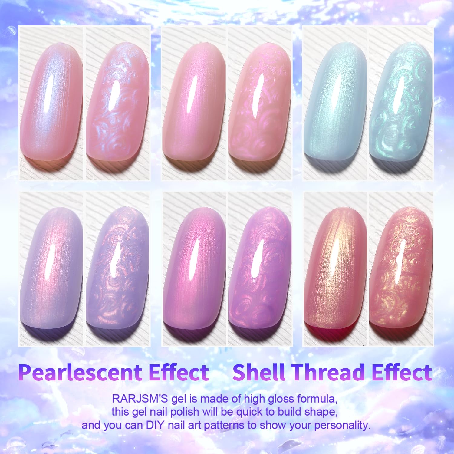 RARJSM Pearlescent Gel Nail Polish Set Mermaid Dreams Iridescent Shell Glitter Gel Polish 6 Colors Pink Blue Green Purple Gold Shimmer Swirl Thread Effect Soak Off Curing Requires Home Salon - Image 5