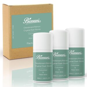 Bussani Deodorant Roll-On Crystal Salt Stone – For Girls, Kids, Boys | Aluminum & Baking Soda Free | 24-Hour Odor Protection | Cucumber & Aloe Vera Scent | 2.02 fl oz | Pack of 3