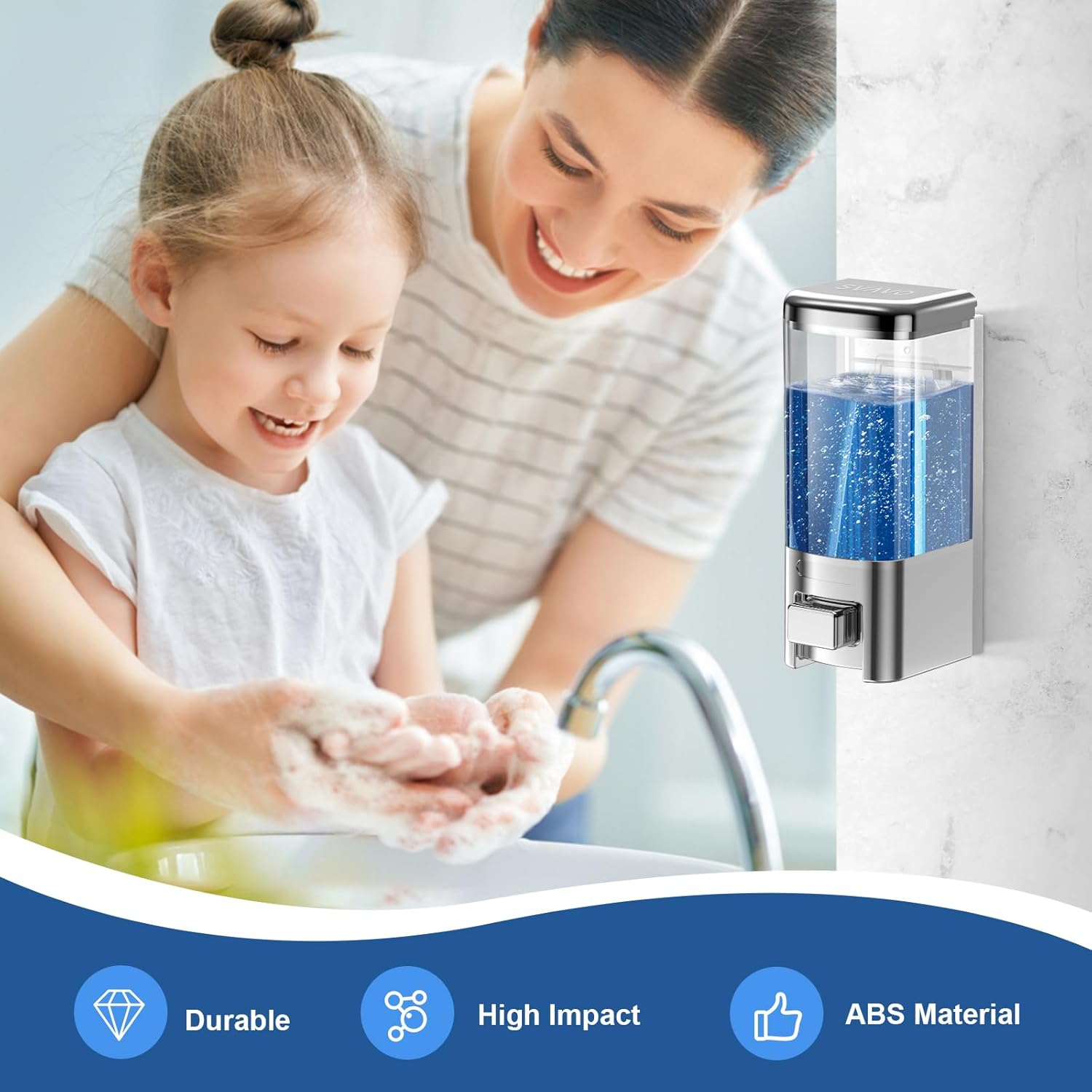 SVAVO Wall Mounted Soap Dispenser - Manual Kitchen Bathroom Hand Soap Dispenser with Anti-Leakage Nozzle Container for Liquid/Gel/Shampoo/Shower Gel/Lotion/Cleaner, 17fl.oz/500ml, Chrome&Clarity - Image 5