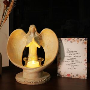 Homemory Angel Gifts Praying Sympathy Candleholder Statue Flickering LED Tea Lights Unique Ideas Thoughtful Birthday Home Decor for Grandma Aunt Greeting Card (Sitting)