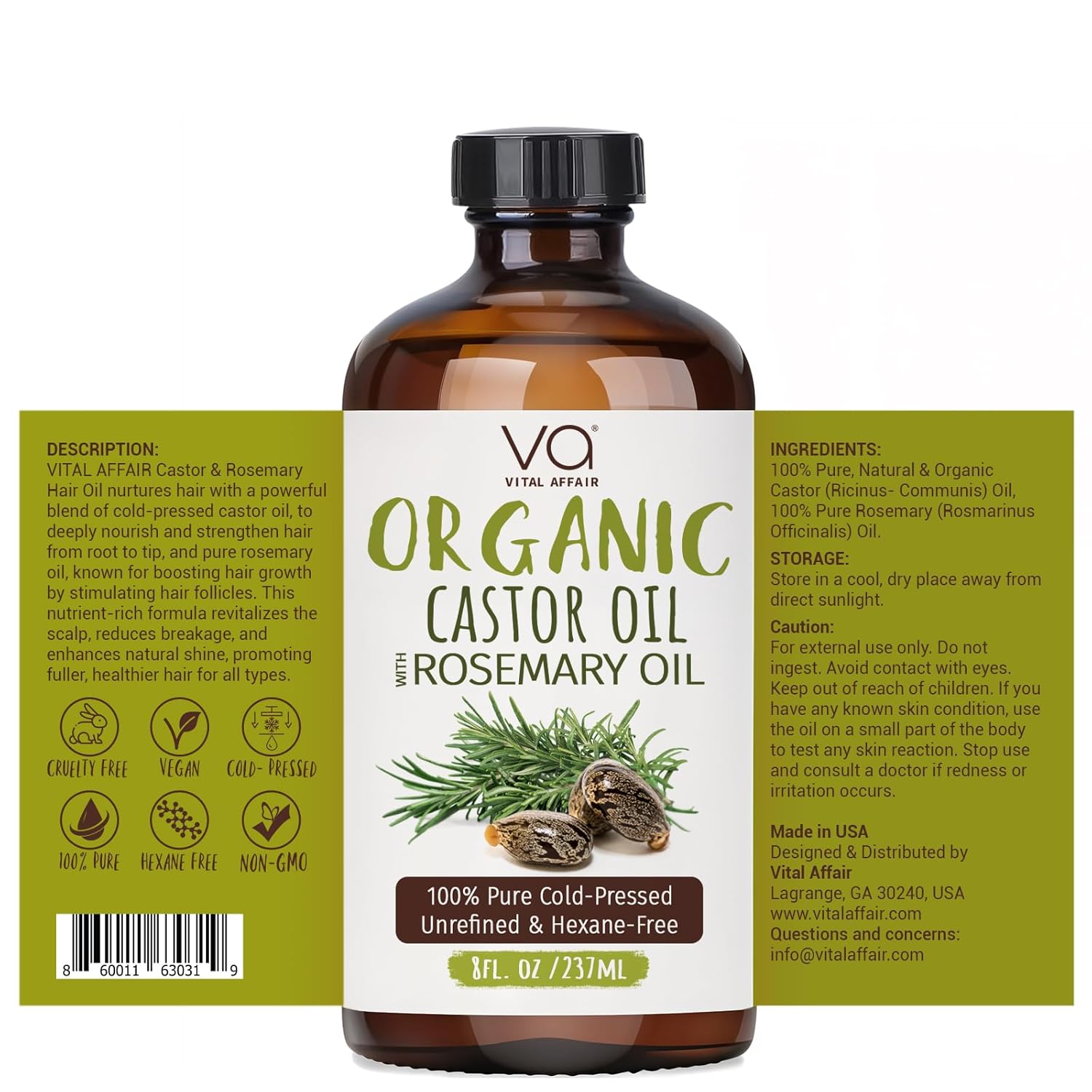 Organic Castor Oil With Rosemary Oil For Hair Growth - 100% Pure Rosemary Hair Oil With Pure Castor Oil Cold Pressed Unrefined Glass Bottle - Strengthening & Volumizing 8 Fl Oz - Image 7