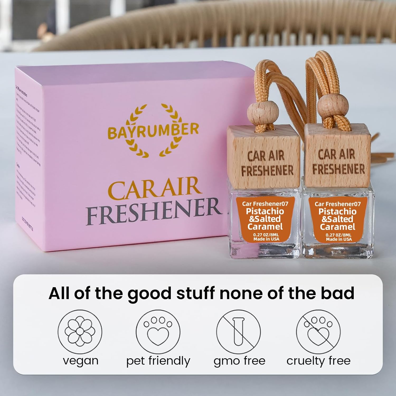 Bayrumber Hanging Car Freshener, 2 x 8ml Long-Lasting Natural Air Diffusers, Pistachio & Salted Caramel, Non-Toxic & Eco-Friendly Car Accessories, Gift for Women, Lasts Up to 90 Days, Made in USA - Image 6