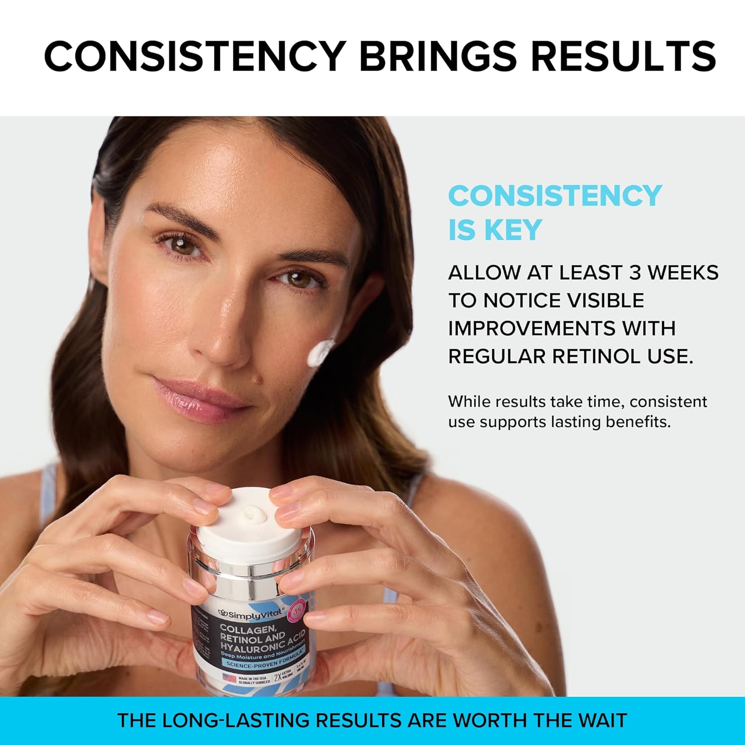 SimplyVital Collagen, Retinol & Hyaluronic Acid Cream - Anti-Aging Retinol Cream for Face, Neck & Décolleté - Made in USA - Daily Moisturizer Face Cream - 3.38 fl oz - Image 8