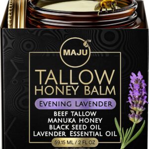 Maju Superfoods Tallow Honey Balm, Evening Lavender (2 oz), Grass Fed Beef Tallow for Skin with Organic Black Seed Oil, Manuka Honey and Organic Beeswax, Skin and Face Moisturizer for Deep Hydration