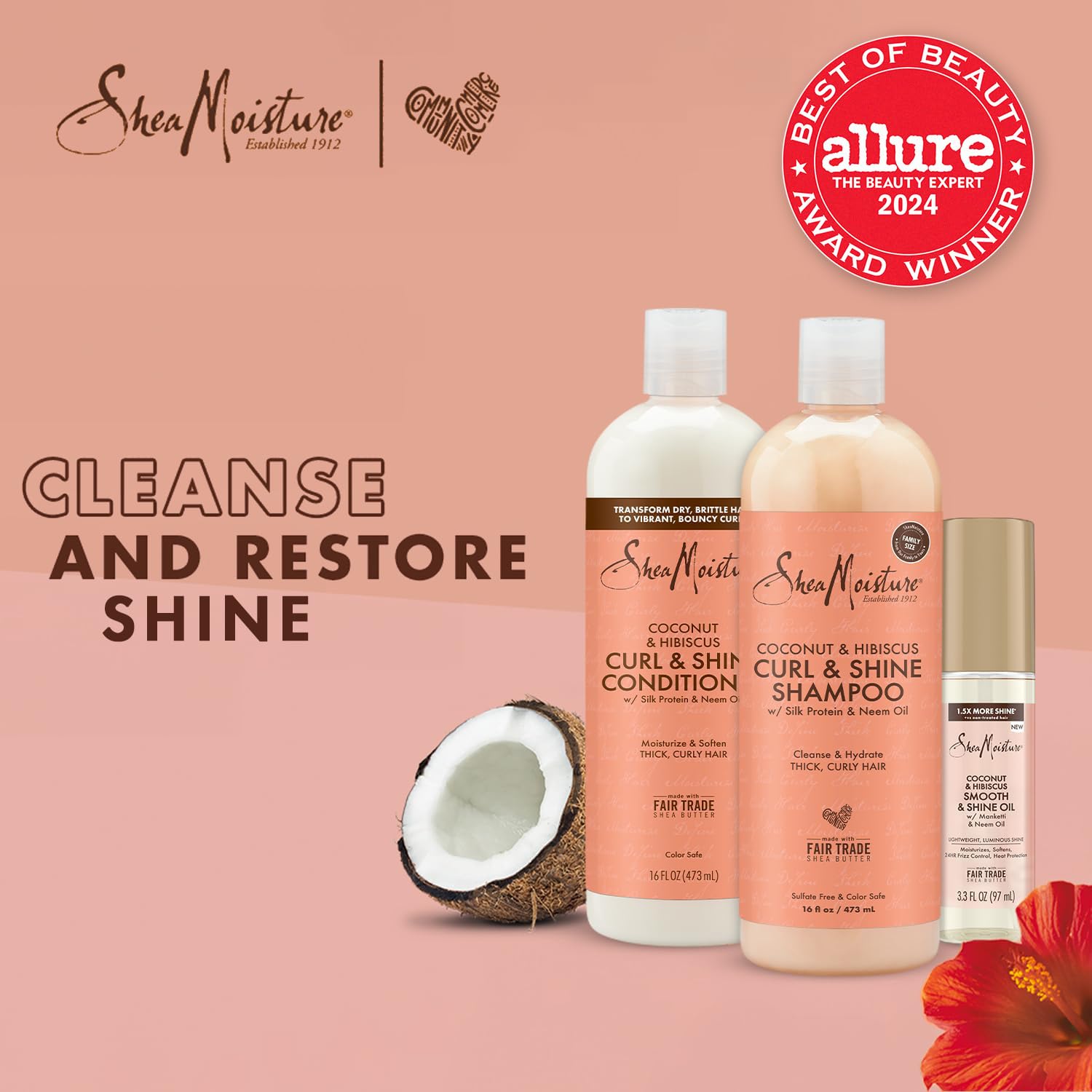 Shea Moisture Coconut & Hibiscus Curl & Shine 3 Piece Anti-Frizz Gift Set with Smoothing Oil - Image 3