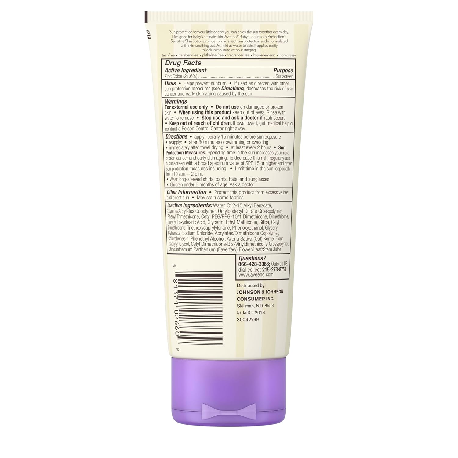 Aveeno Baby Continuous Protection Zinc Oxide Mineral Sunscreen Lotion for Sensitive Skin, Broad Spectrum SPF 50, Tear-Free, Sweat- & Water-Resistant, Paraben-Free, Non-Greasy, 7 fl. oz - Image 9