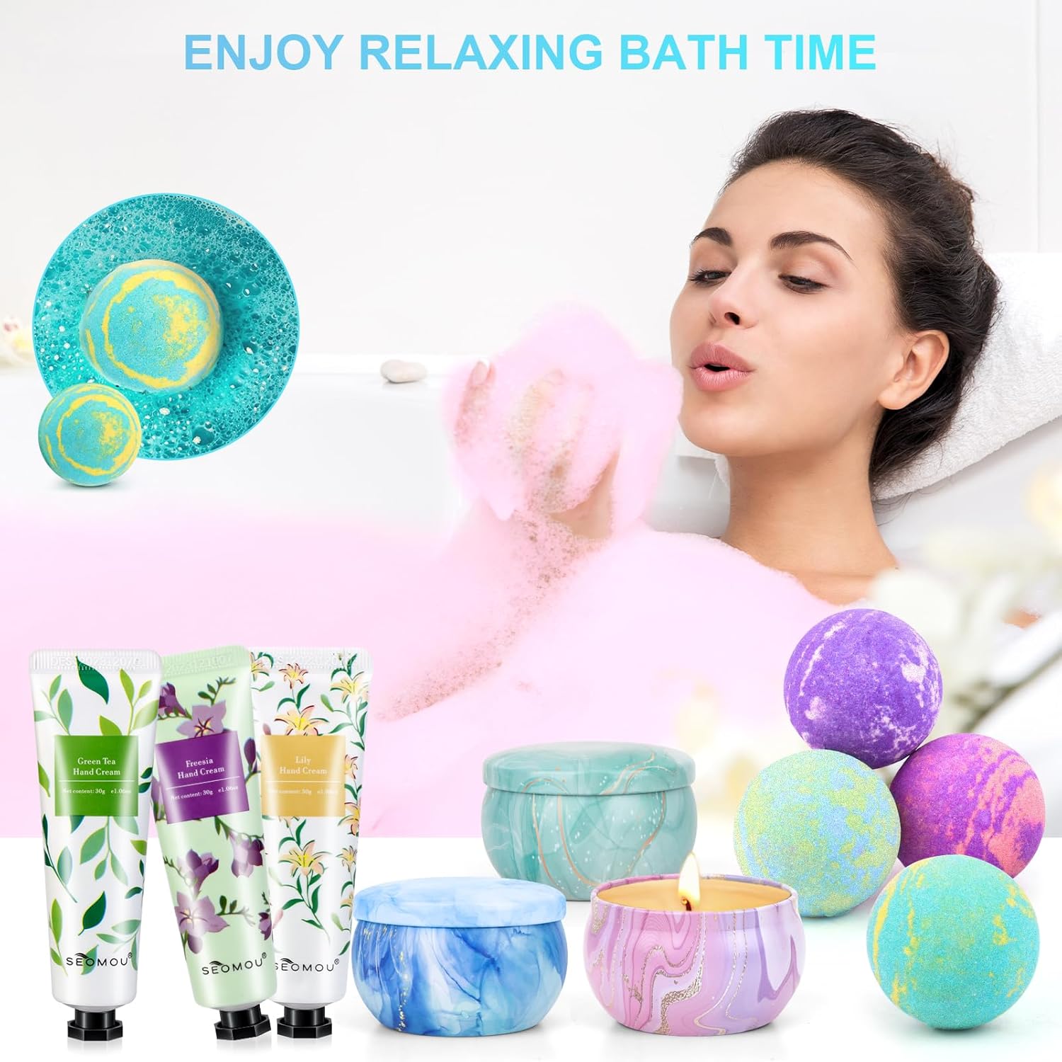Luxury Bath Bomb Gift Set for Women, 4 Bath Bombs, 3 Soy Candles, 3 Hand Creams, New - Image 5