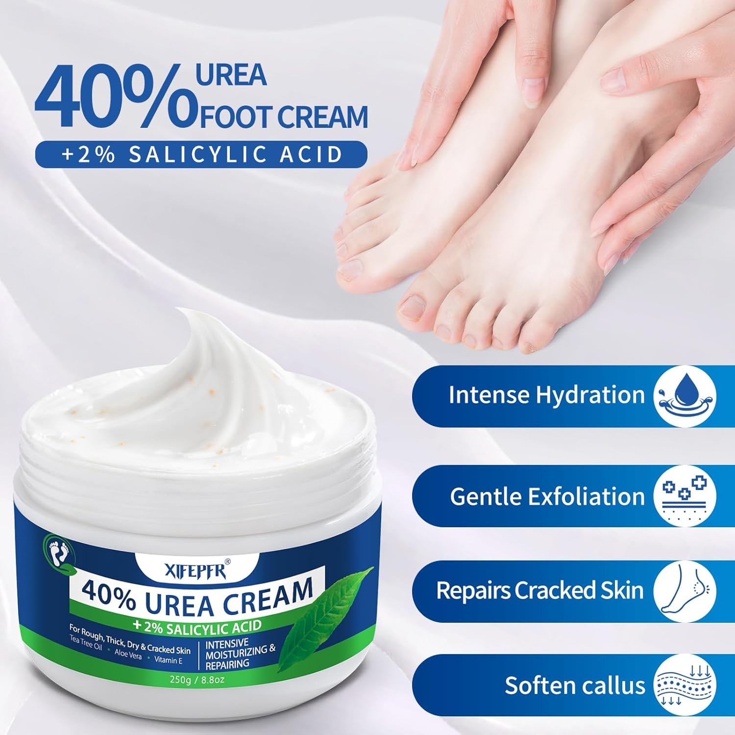 Urea Cream 40 Percent for Feet Maximum Strength, with 2% Salicylic Acid Urea Foot Cream for Dry Cracked Heels and Feet, Tea Tree Oil Foot Cream for Corn and Callus Remover (8.8Oz) - Image 2