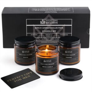 Set of 3 4oz Scented Candles for Men Gift Set | Smoke & Firewood | Woodwick Crackling Masculine Scent Candles | Manly Tobacco, Fire & Mahogany Teakwood Soy Candles | Unique Gift