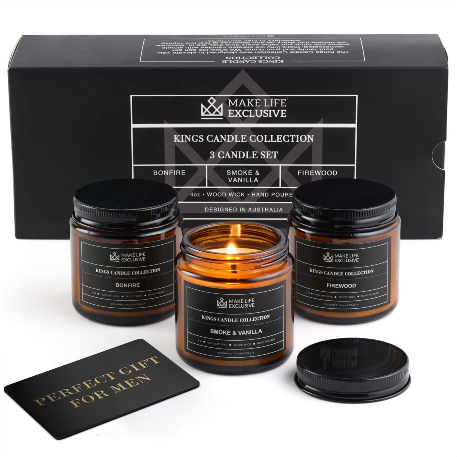 Set of 3 4oz Scented Candles for Men Gift Set | Smoke & Firewood | Woodwick Crackling Masculine Scent Candles | Manly Tobacco, Fire & Mahogany Teakwood Soy Candles | Unique Gift