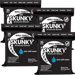 Skunky Disposable Rinse-Free Bathing Sponges, AS-SEEN-ON-TV, Cleans Without a Shower, Just Add Water, Lather, Scrub & Dry with No Sticky Residue, Gym, Elder Care, Kids & More, 4 Pack