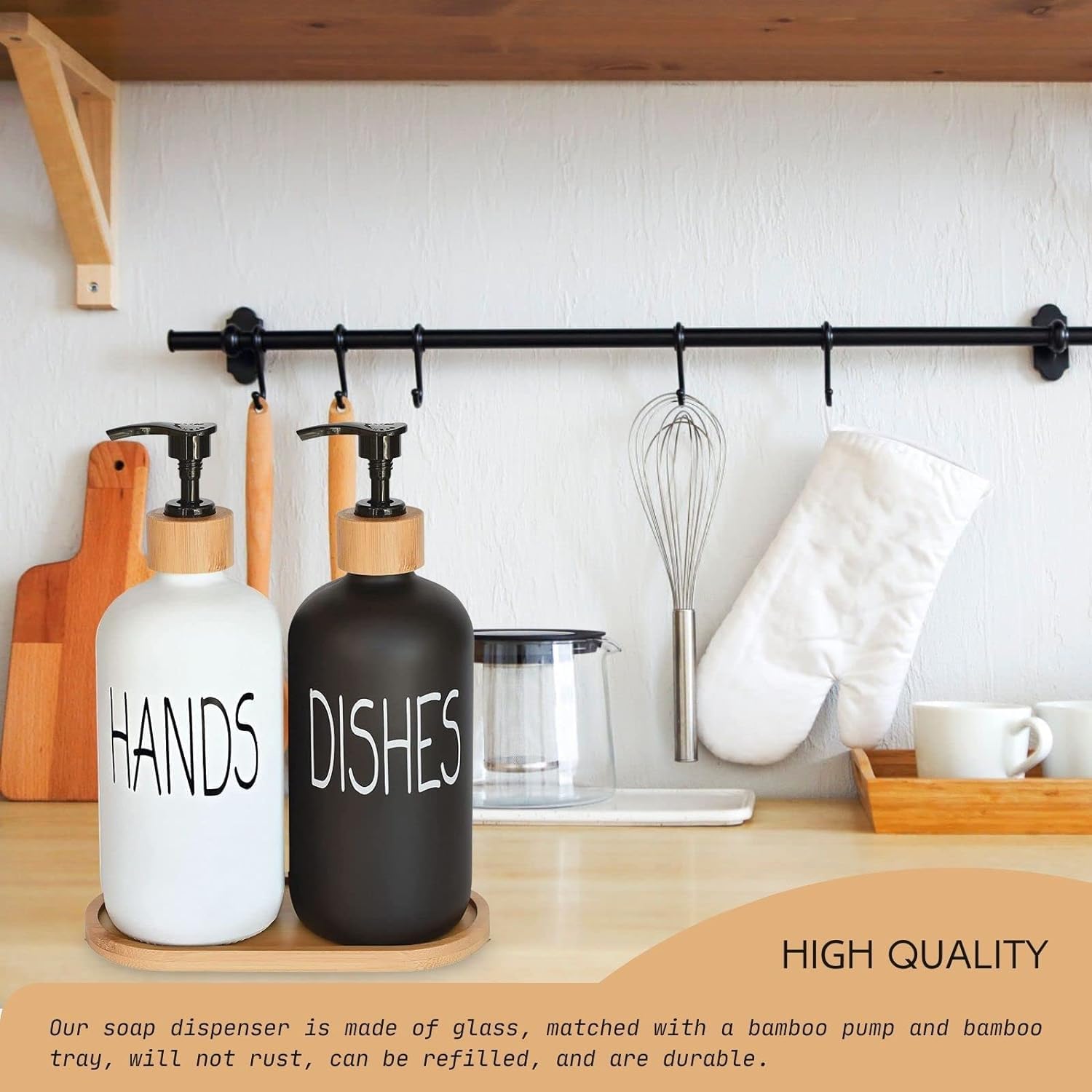Glass Soap Dispenser Set with Bamboo Tray for Kitchen and Bathroom, 16 oz Capacity - Image 5