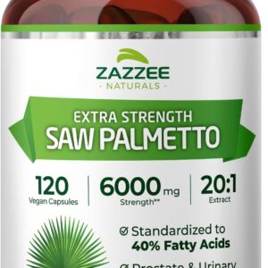 Zazzee Extra Strength Saw Palmetto 20:1 Extract, 6000 mg Strength, 40% Fatty Acids, 120 Vegan Capsules, 4 Month Supply, Concentrated and Standardized 20X Extract, Non-GMO, All-Natural, Made in the USA