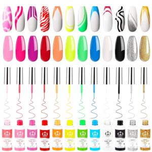 Nail Art Polish Set Gel Liner Kit For Nail Design Polish Paint For Nail 12 Colors Black White Gel Nail Polish Soak off Curing Requires 8ml with Thin Nail Art Brush