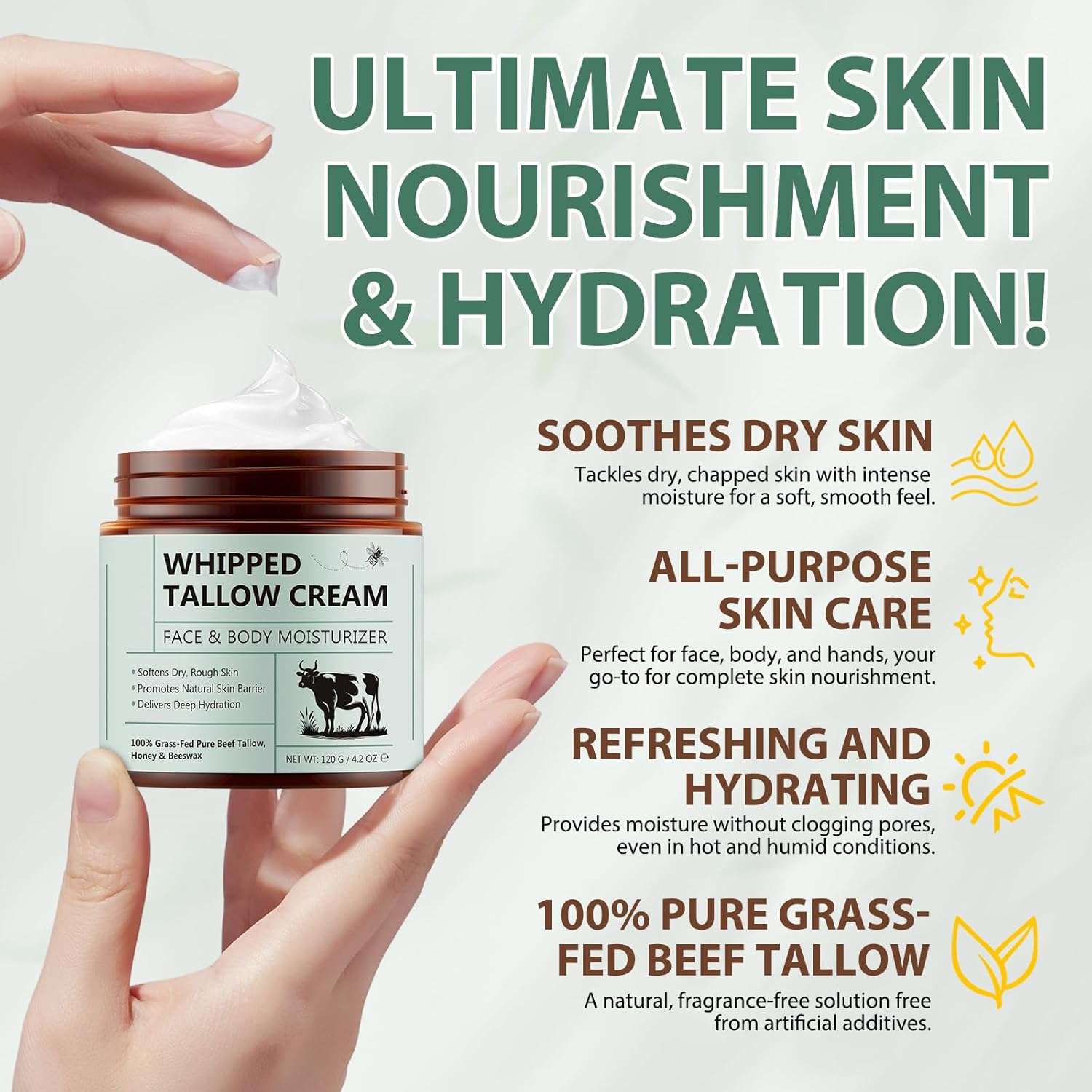 Beef Tallow for Skin, Whipped Tallow Cream Organic for Face, 100% Grass-Fed Pure Beef Tallow, Honey & Beeswax, Whipped Tallow Honey Balm for Face Moisturizer Body Lotion Skin Care for Sensitive Skin - Image 4