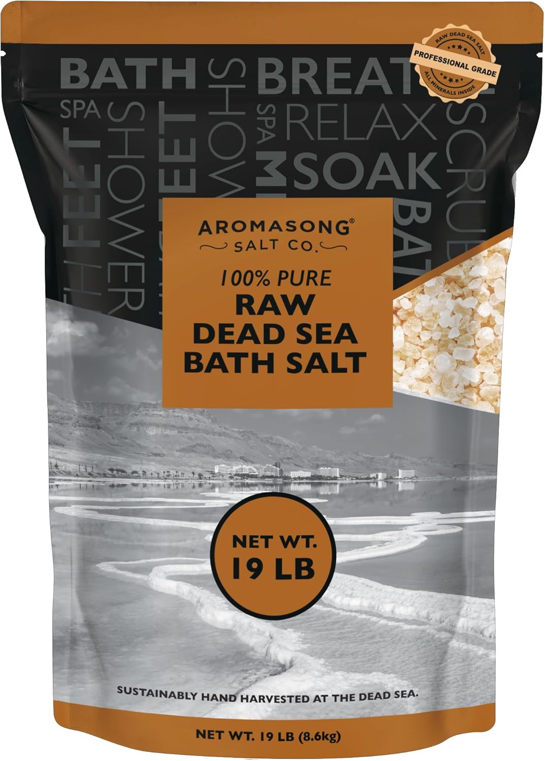 Aromasong 19 Lbs Raw Dead Sea Salt Not Cleaned - Still Contains All Dead Sea Minerals Including Dead sea Mud - Fine Medium Grain Bath Salt Large resealable Bulk Pack (Packaging May Vary)