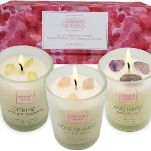 Soy Candles with Healing Crystals. Citrine, Rose Quartz, Amethyst Crystal. Eucalyptus + Lemongrass, Jasmine + Sandalwood, Clary Sage + Lavender. 3PC Scented Candle Set, 2.47oz Each