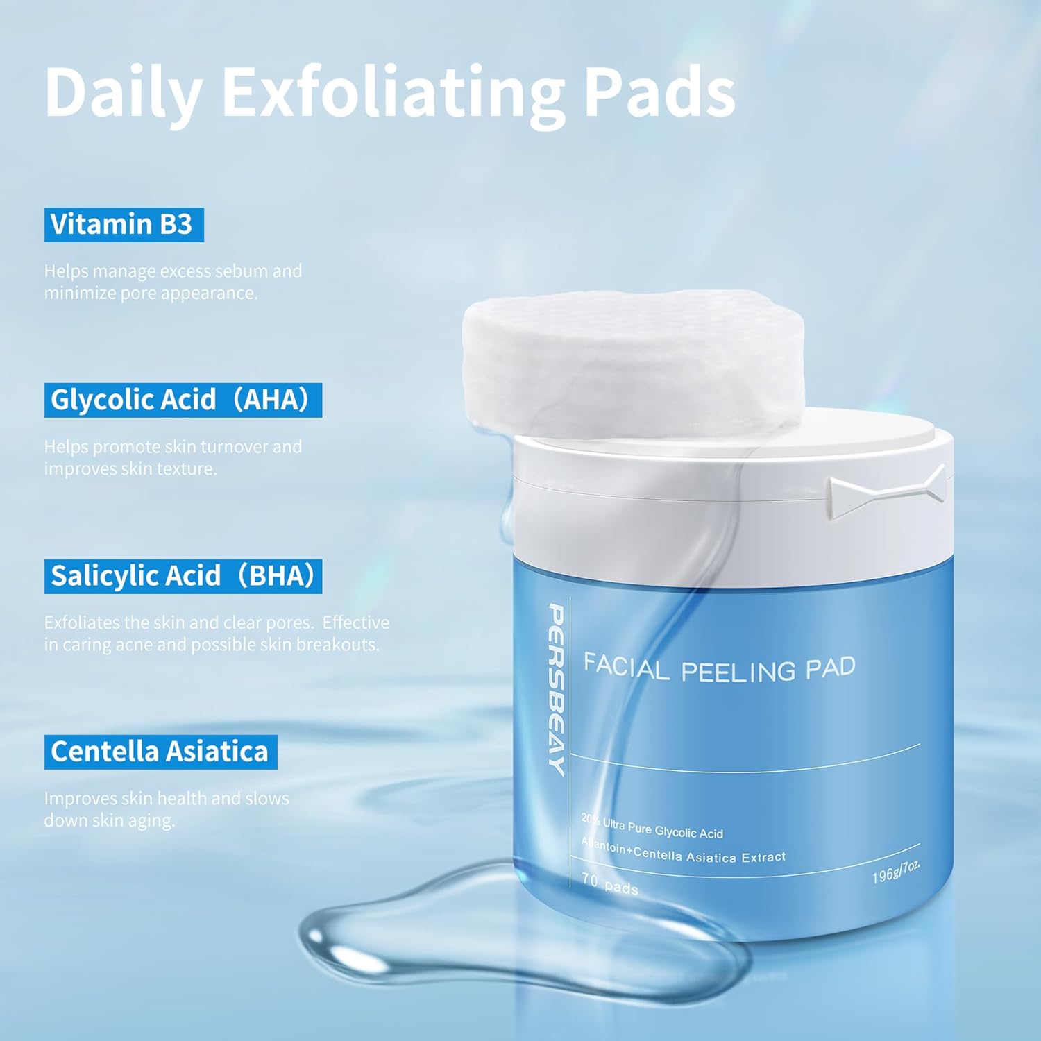 Glycolic Acid Pads, Exfoliating Toner Pads for Facial Radiance, Dual Action Gentle Face Pad for Deep Cleaning Effect |Peels & Daily Skin Renewal |Salicylic Acid & Vitamins B3 |70 Count - Image 3