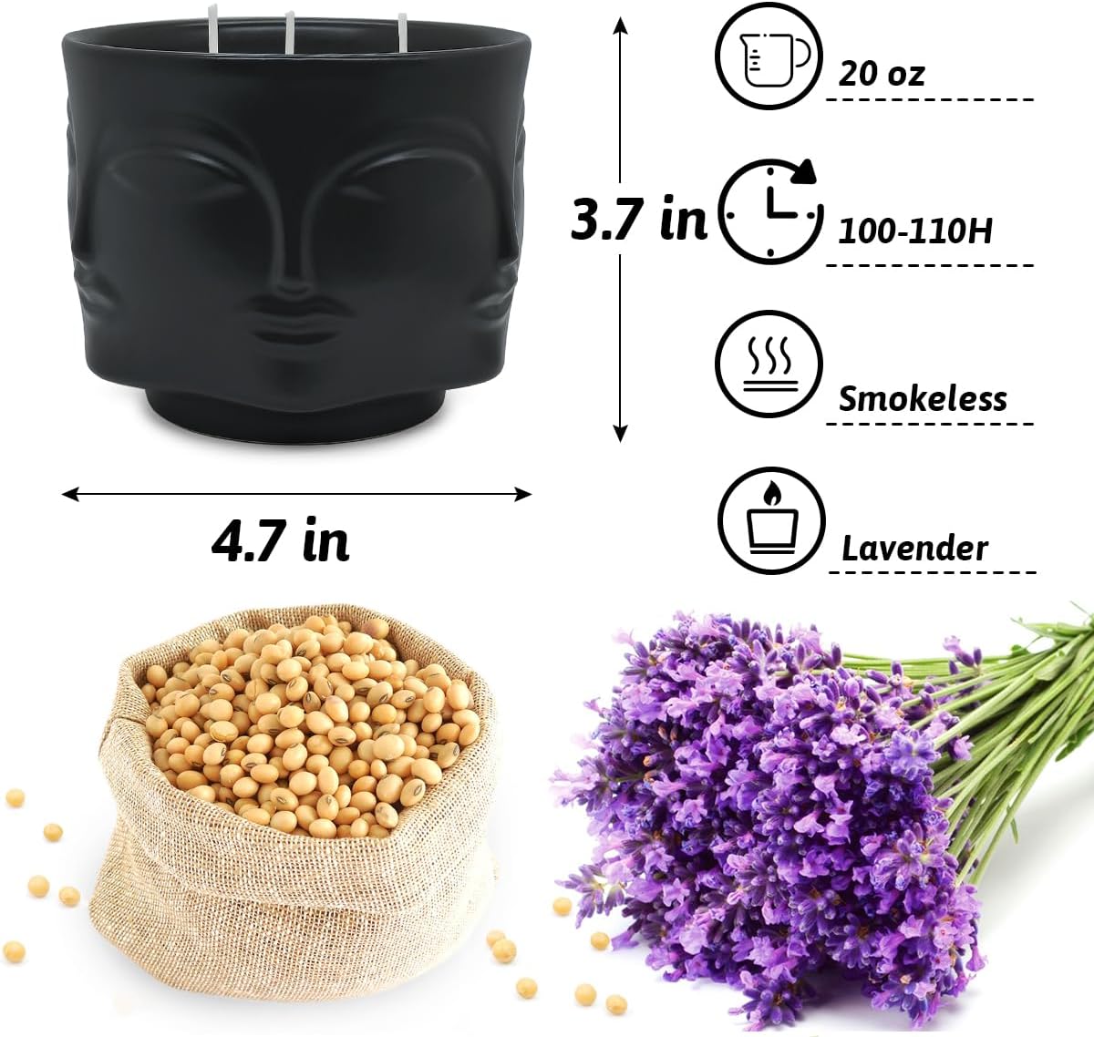 20 oz Black Buddha Head Aromatherapy Candle, Lavender Scent, 3-Wick Soy Wax Candle for Relaxation and Meditation, Decorative Candle for Home Décor, Stress Relief Candle - Image 2